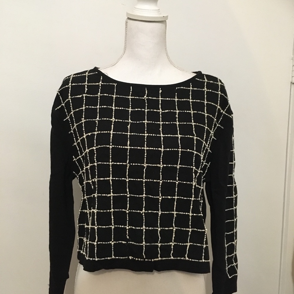 Zara Black Top with White Pearl Beading Grid Detail